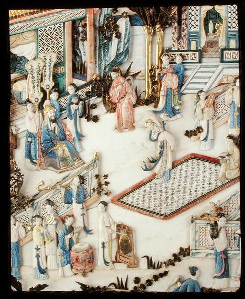 Detail eines Panels, das einen Würdenträger zeigt, der eine Tänzerin beobachtet, Qianlong-Periode von School Chinese