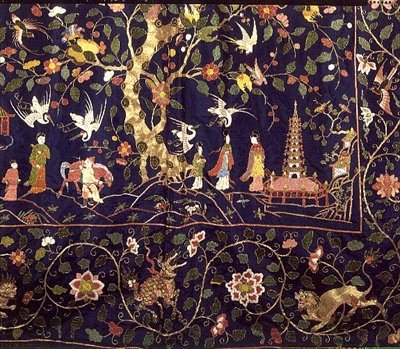 Bestickte Vorhänge vom Staatsbett in Calke Abbey, frühes 18. Jahrhundert (Detail) von School Chinese