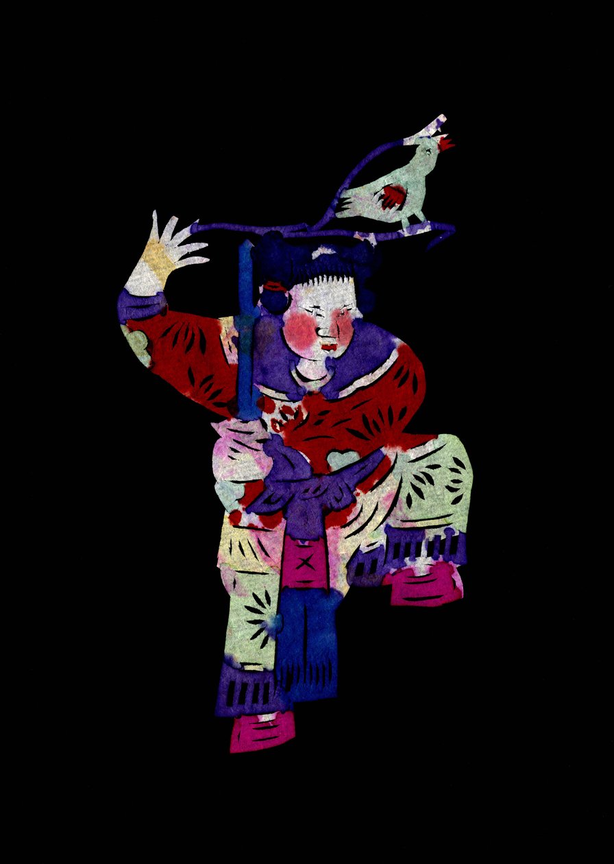 Weibliche Figur mit Schwert und Vogel. Gemaltes Papierschnittbild oder "Jian Zhi", chinesische Volkskunst, Peking von School Chinese