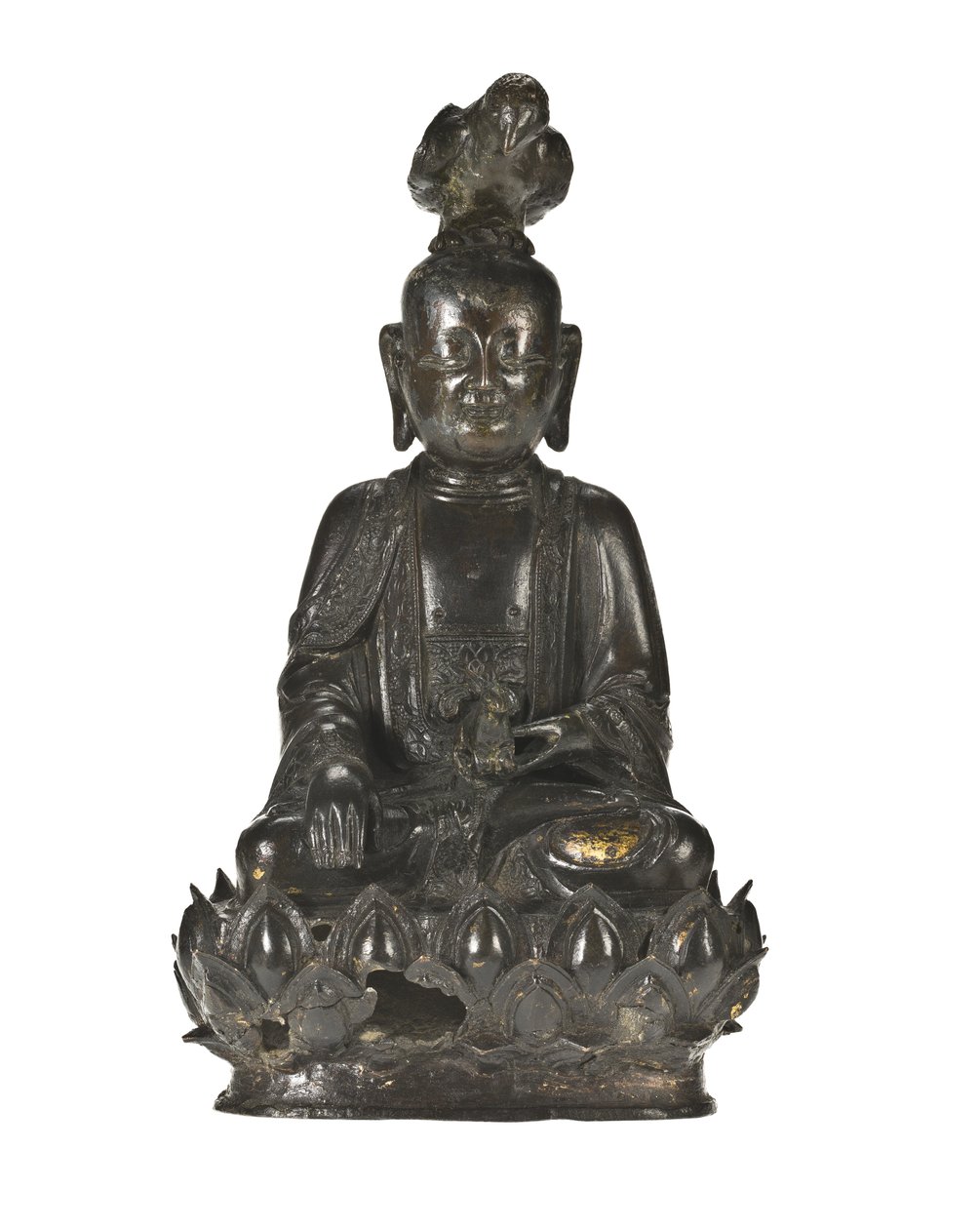 Figur von Guanyin, der chinesischen Göttin der Barmherzigkeit, sitzend auf einem Lotusdesign-Sockel mit einem Raben auf ihrem Kopf und einem Kaninchen in ihrer linken Hand von School Chinese