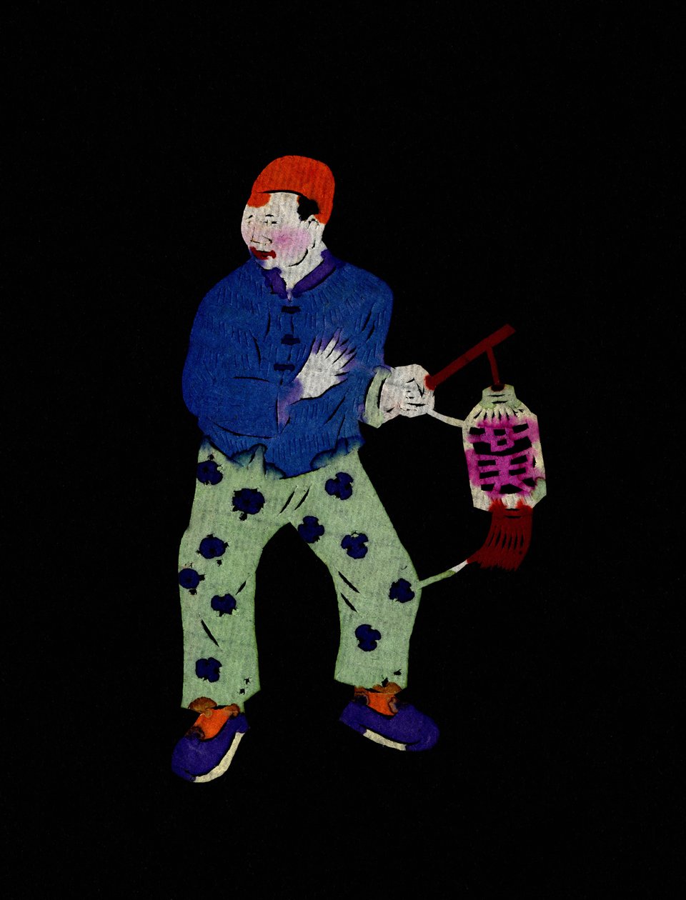 Männliche Figur mit Laterne. Scherenschnitt, chinesische Volkskunst, Peking. von School Chinese