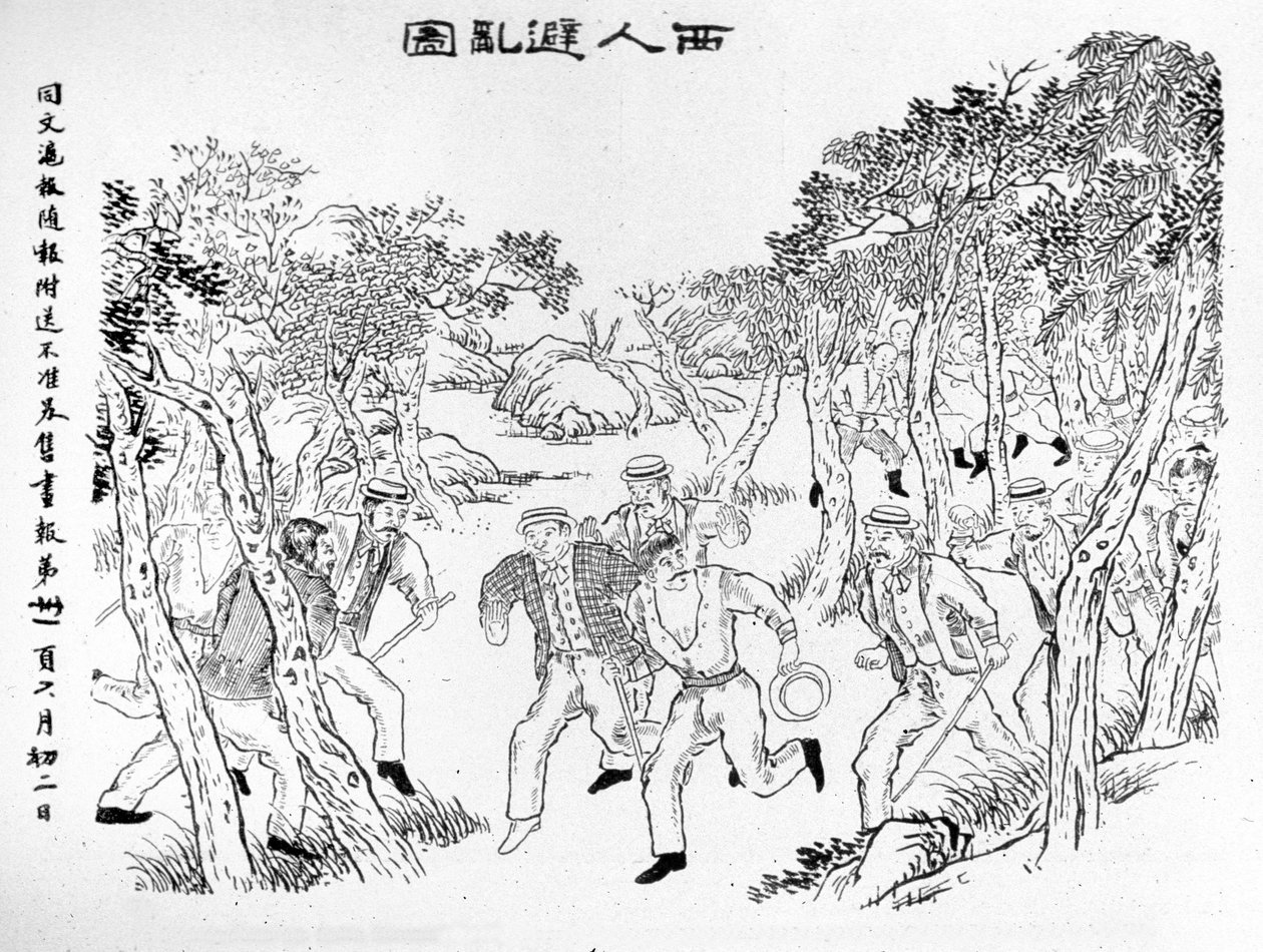 Boxeraufstand: Die Europäer fliehen vor den Boxern. Illustration veröffentlicht in der Zeitung von Shanghai Toung-Ouen-Hou-Pao. Um 1899 von School Chinese