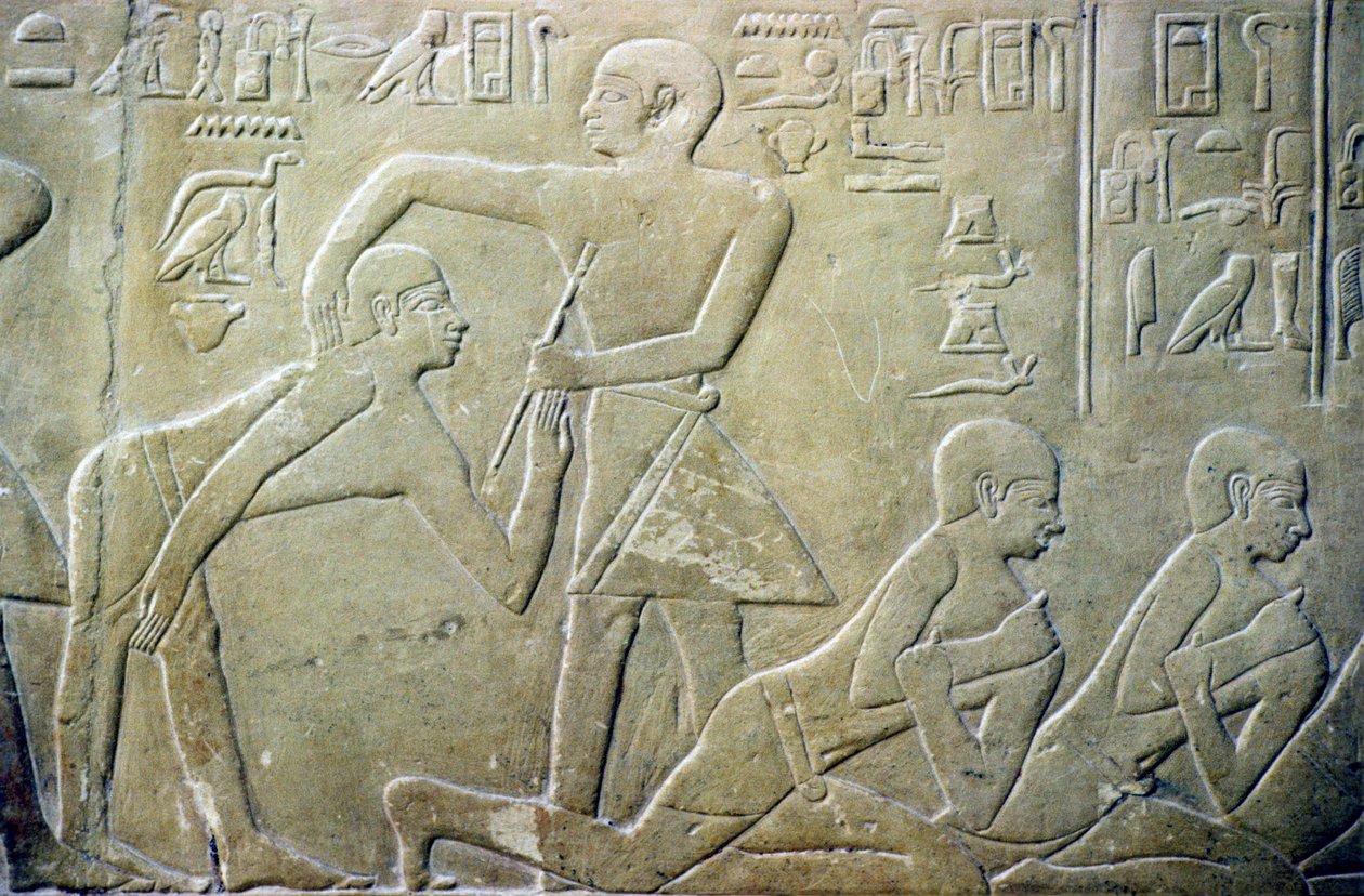 Altes Ägypten, Relief, Dorfbewohner müssen ihre fehlerhaften Steuererklärungen den Beamten eingestehen, Grab von Mereruka, 6. Dynastie von School Egyptian