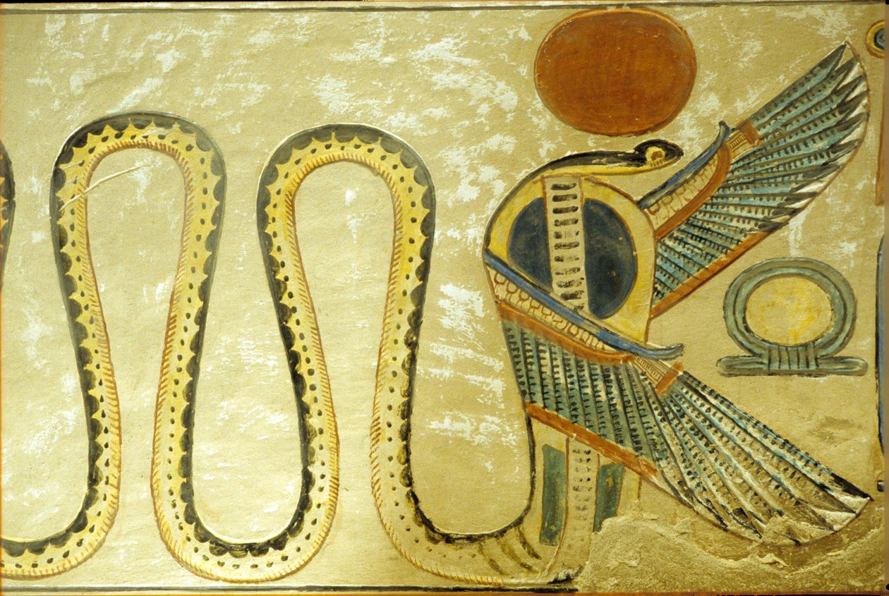 Altes Ägypten, Wandmalerei, Grab von Amon hir Khopshef, Uraeus und geflügelte Schlangen bewachen den Eingang zur Grabkammer, 20. Dynastie, Tal der Königinnen von School Egyptian