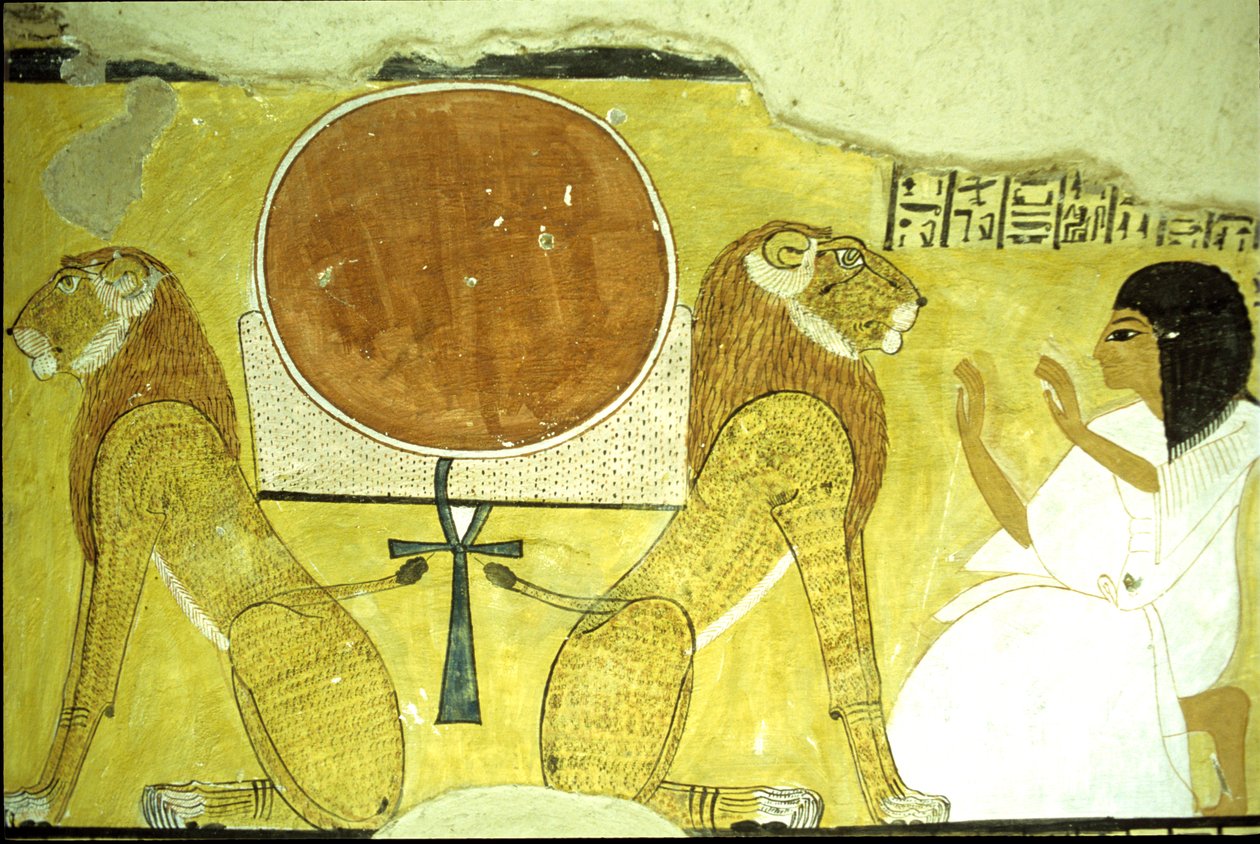 Altes Ägypten, Wandmalerei, Grab des Inherkhau, Theben, Inherkhau verehrt zwei Löwen, Wächter von heute und morgen, 20. Dynastie von School Egyptian