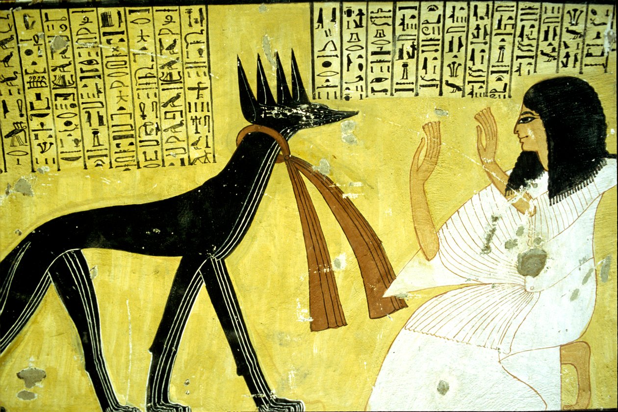 Altes Ägypten, Wandmalerei Grab von Inherkhau, Theben, Grab der Adligen, 20. Dynastie, Inherkhau verehrt die Schakalgötter von School Egyptian