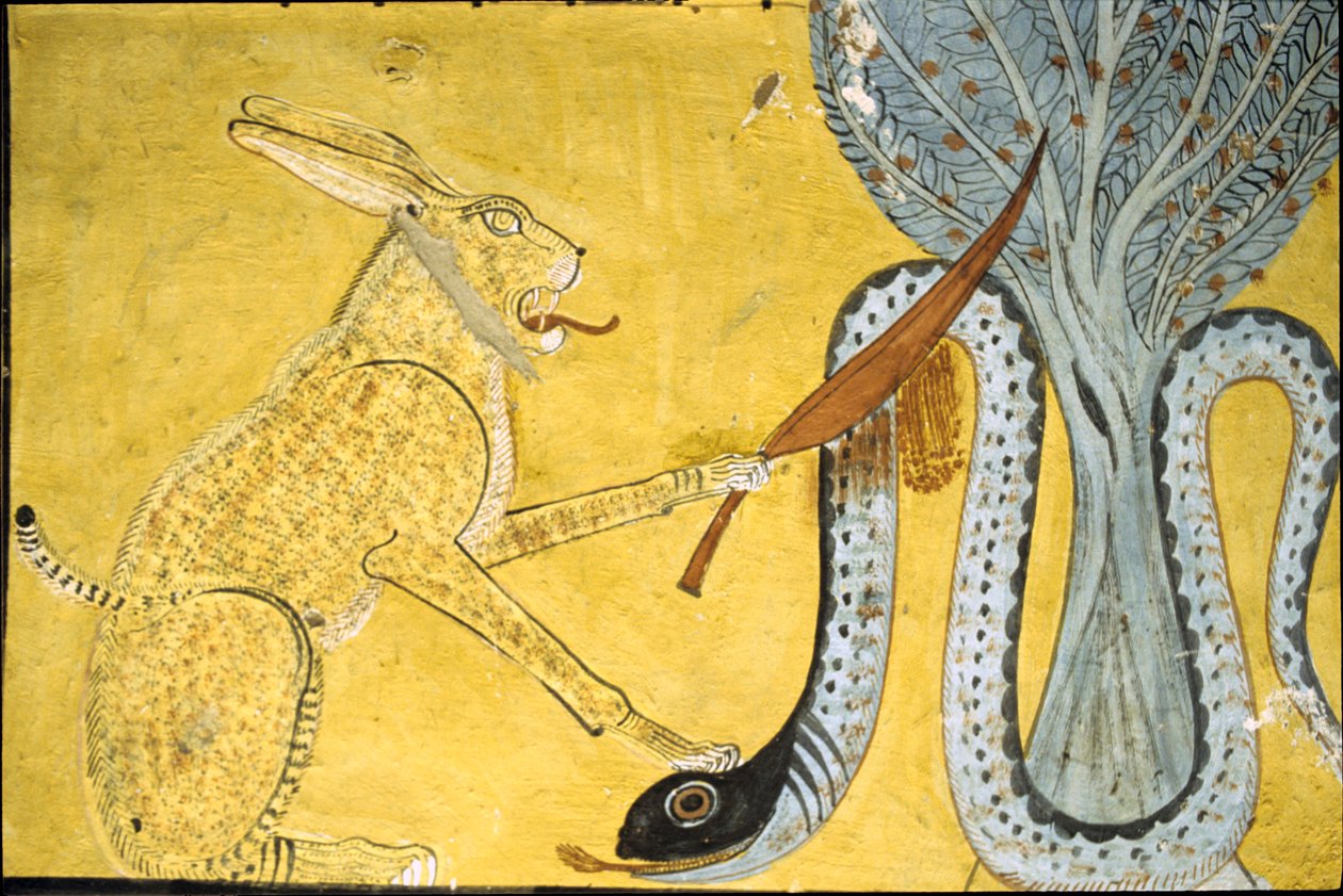 Altes Ägypten, Wandmalerei Grab von Inherkhau, Theben, Grab der Adligen, 20. Dynastie, Amon (Katze) tötet die Schlange, Darstellung von Amon, der die Schlange Apophis unter dem heiligen Baum besiegt von School Egyptian