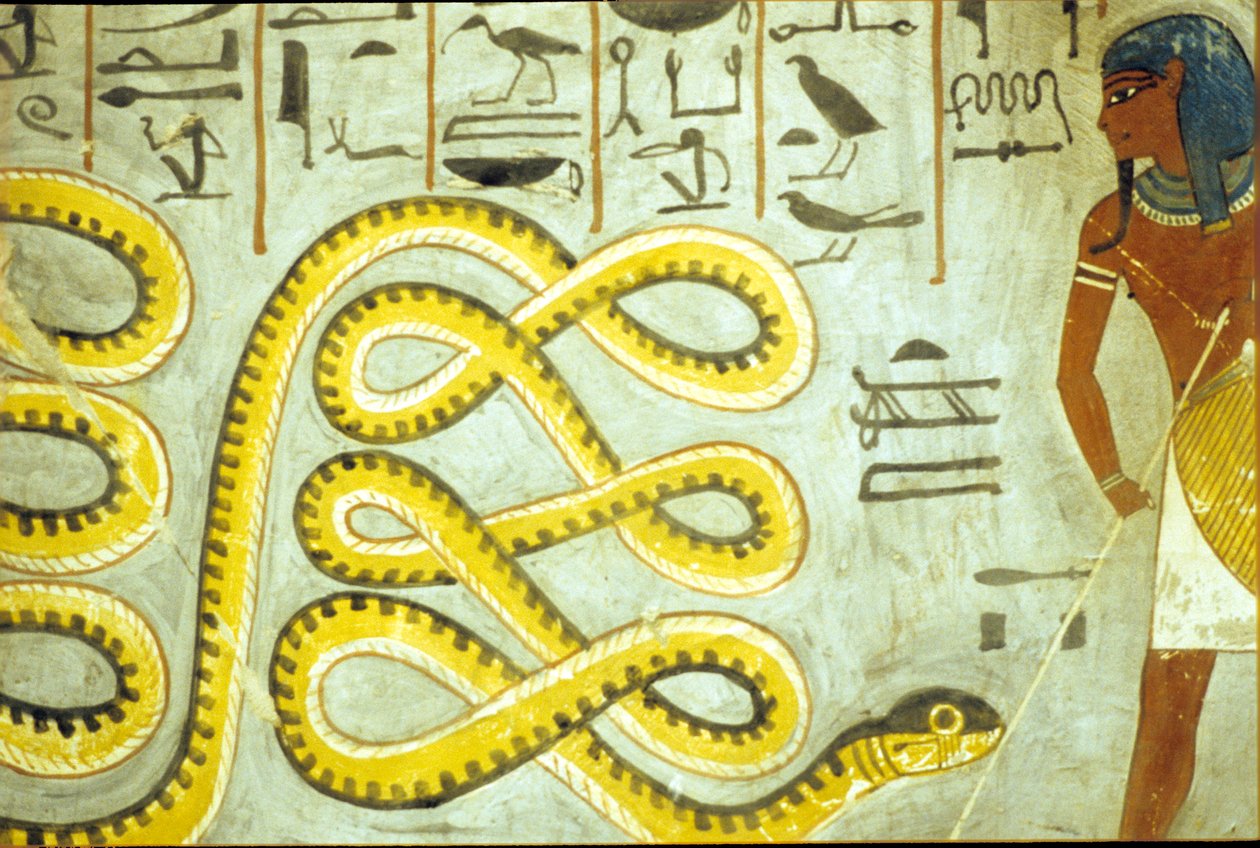 Altes Ägypten, Wandmalerei, Grab von Ramses I., Tal der Könige, Ramses I. tötet den Schlangengott der Unterwelt von School Egyptian