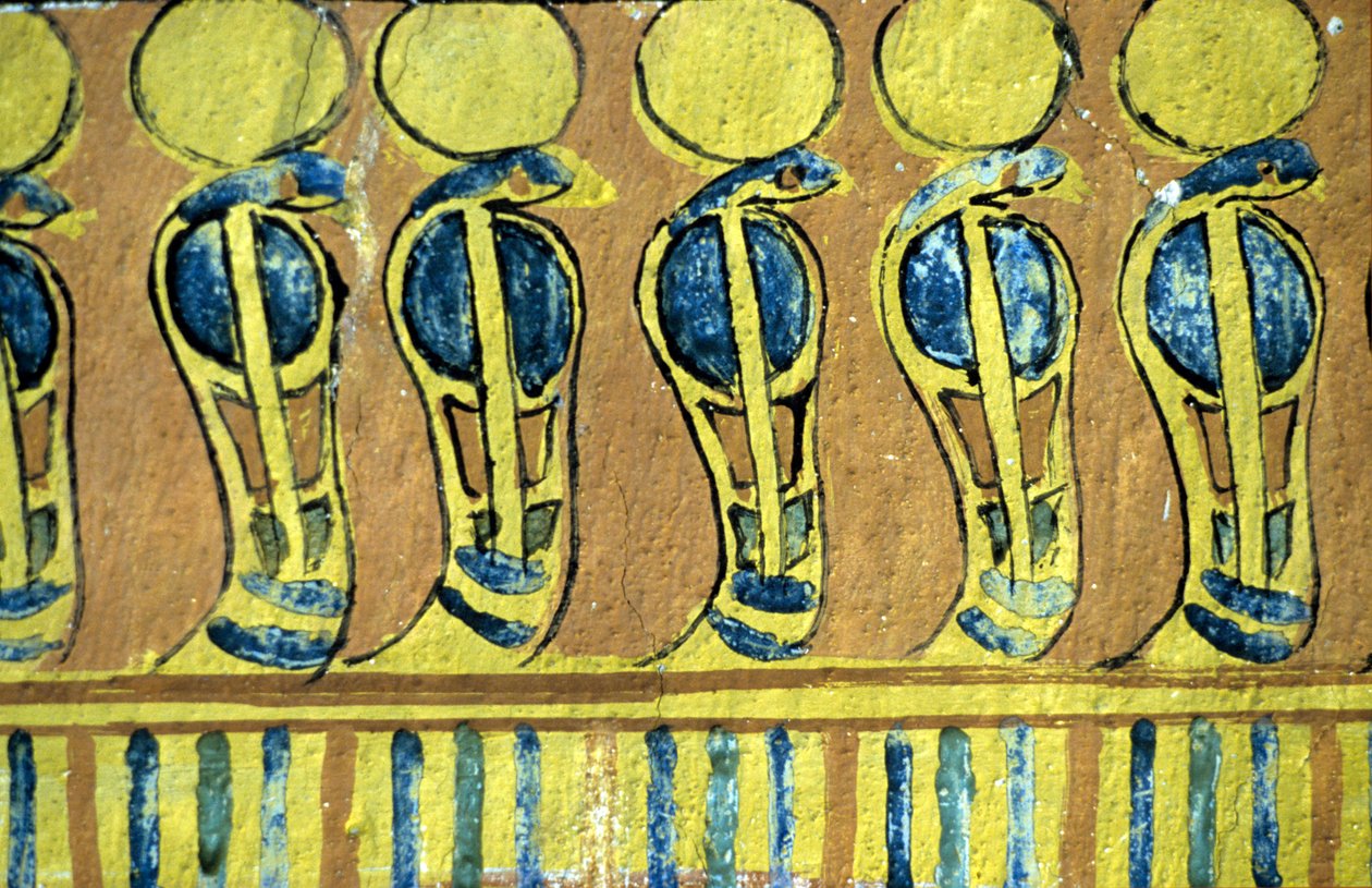 Altes Ägypten, Wandmalerei, Uraeus-Schlangen bewachen das Heiligtum des Osiris, Grab von Sennedjem, Theben, Deir el Medna von School Egyptian