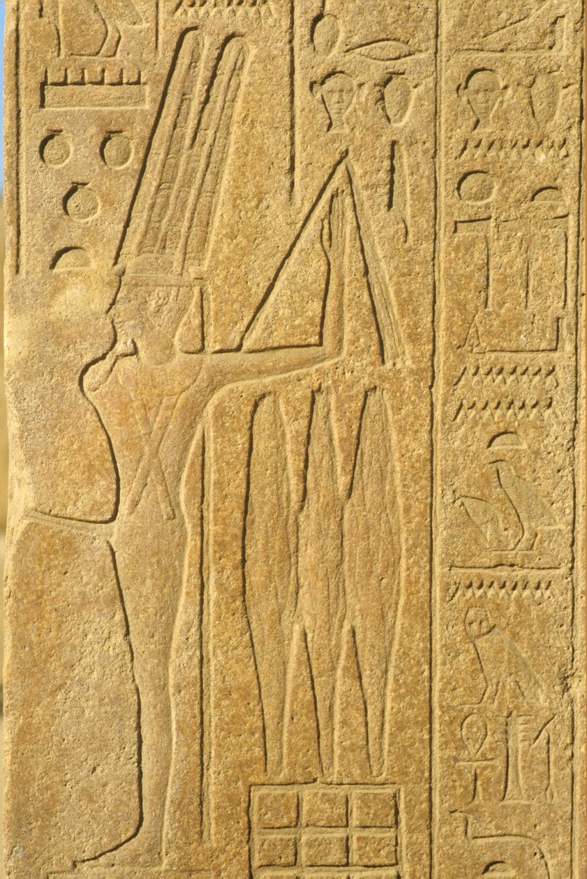 Altes Ägypten, Wandmalerei/Gravur, Der Gott Min, Karnak-Tempel, Luxor, Gott der Fruchtbarkeit, hält eine Geißel (Foto) von School Egyptian