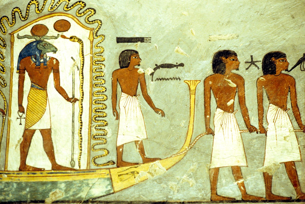 Altes Ägypten, Wandmalerei, Reise durch die Unterwelt, Boot von Männern gezogen, Grab von Ramses I., Theben von School Egyptian