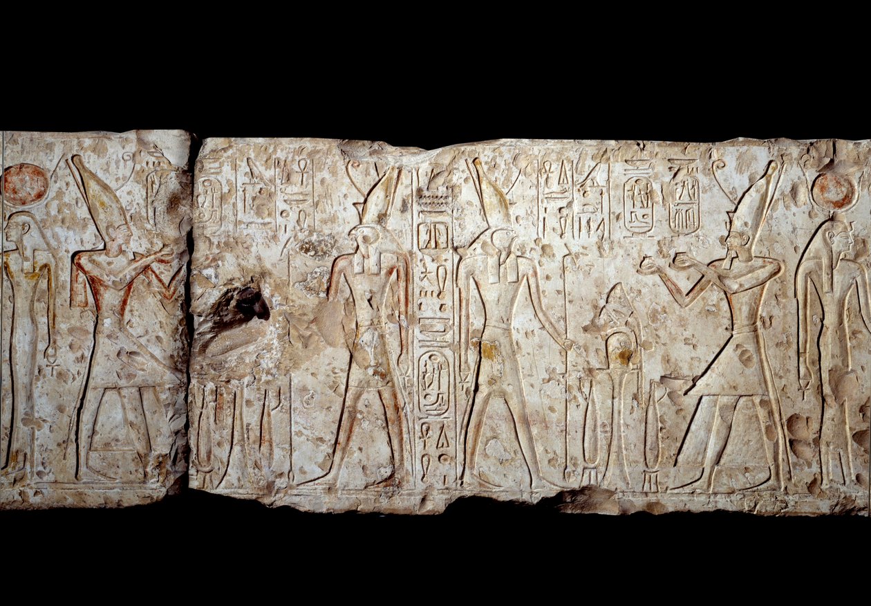 Ramses II bringt Osiris Opfer dar. Flachrelief in Kalkstein aus Abydos (1279-1213 v. Chr.), 19. Dynastie. Neues Reich. Paris, Musée du Louvre von School Egyptian