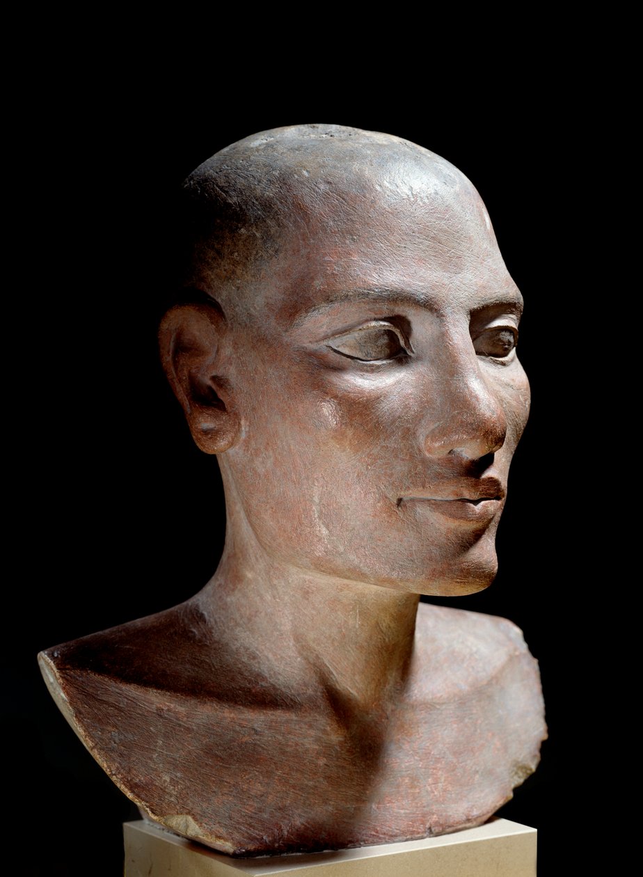Ägyptische Antike: Salzkopf. Kalksteinskulptur, Altes Reich (um 2700-2200 v. Chr.). Paris, Louvre Museum - Ägyptische Antike: Kopf eines jungen Mannes, genannt „Salz“-Kopf, bemalter Kalkstein, Altes Reich (um 2700-2200 v. Chr.), Louvre Museum, Paris von School Egyptian
