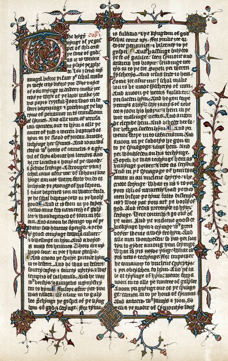 Kopie einer Seite aus dem Markus-Evangelium, Wycliffes Übersetzung der Bibel ins Englische um 1400 von School English