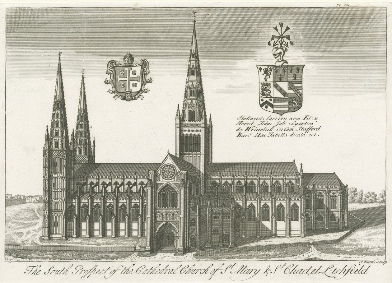 Lichfield Cathedral - Südansicht: Gravur von School English