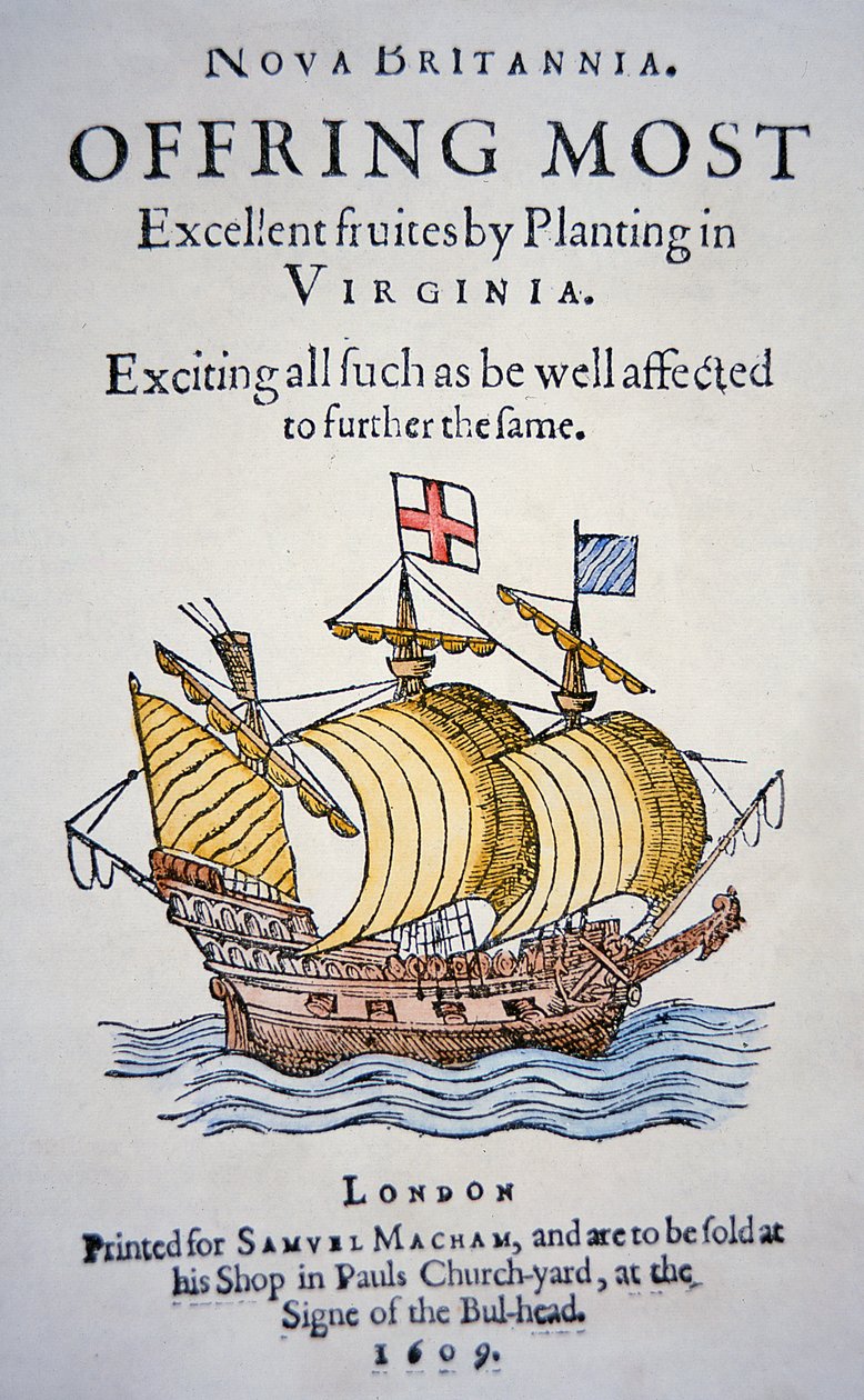 Flugblatt, das Kolonisten ermutigt, nach Virginia in Amerika zu gehen, veröffentlicht 1609 von School English