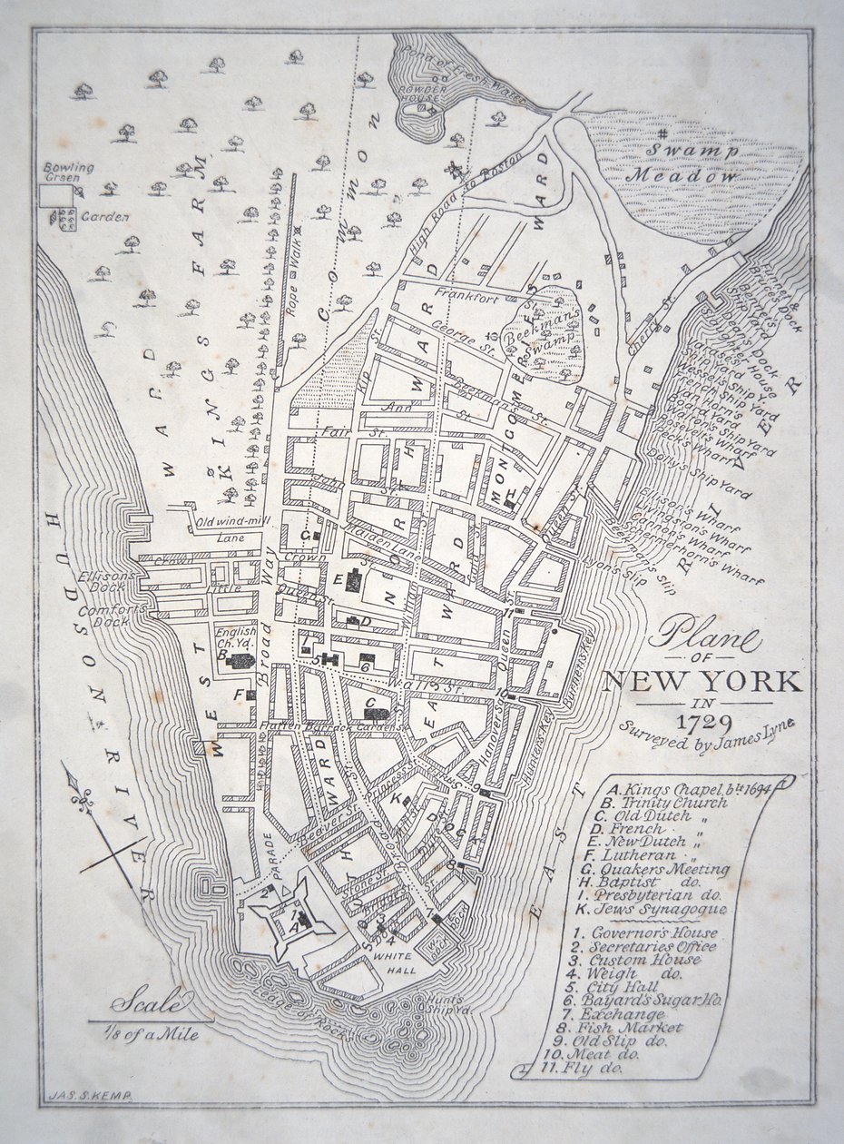Plan von New York im Jahr 1729 von School English