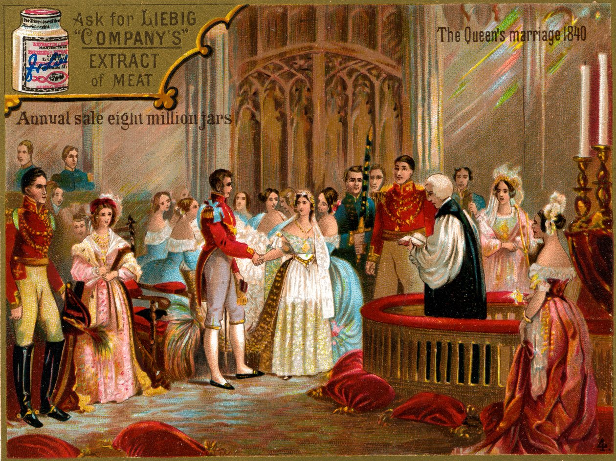 Die Hochzeit von Königin Victoria und Prinz Albert im Jahr 1840, Liebig-Karte (Druck) von School English