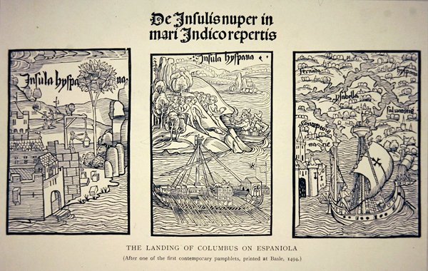 Die Landung von Kolumbus auf Hispaniola, nach einem zeitgenössischen Pamphlet, veröffentlicht in Basel im Jahr 1494 von School English