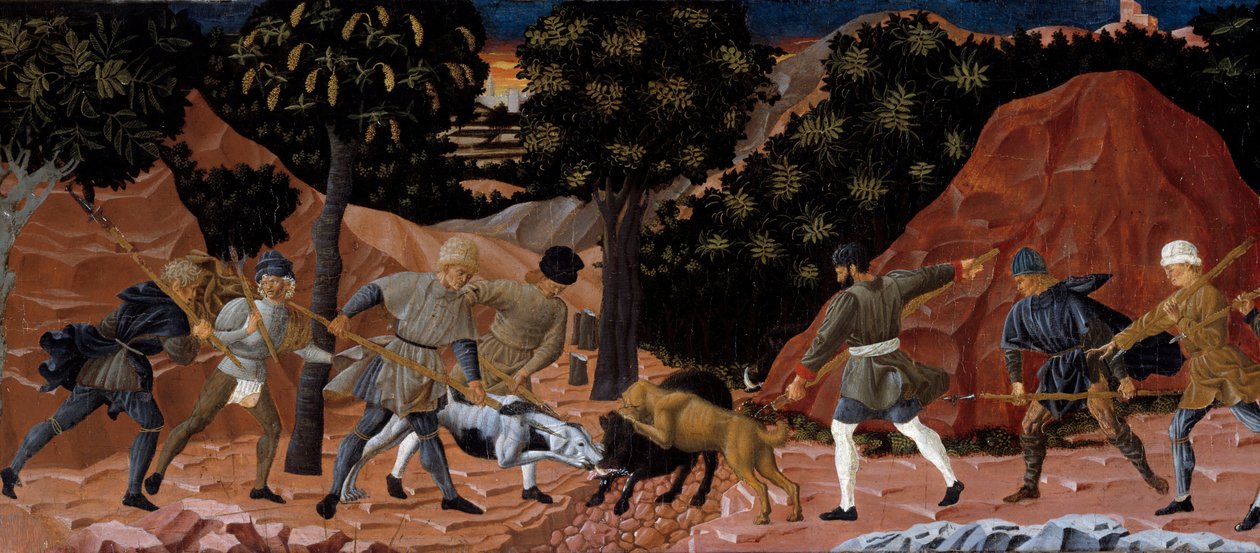 Wildschweinjagdszene. Detail. Anonymes Gemälde der Florentiner Schule. 1450-1460. Toulouse, Musee des Augustins von School Florentine