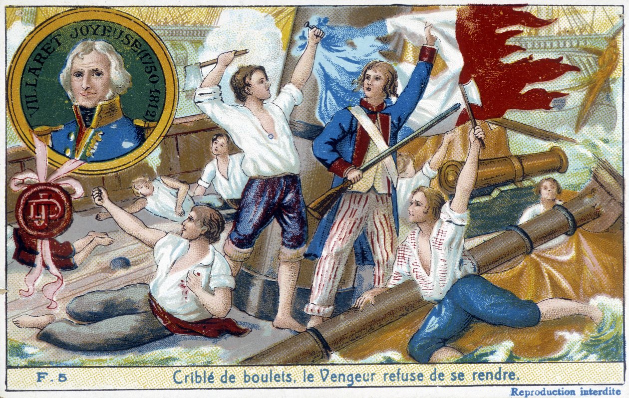 Admiral Villaret (1750-1812), dargestellt im Medaillon, lieferte 1794 die Seeschlacht von Ouessant gegen den Engländer Howe. von School French
