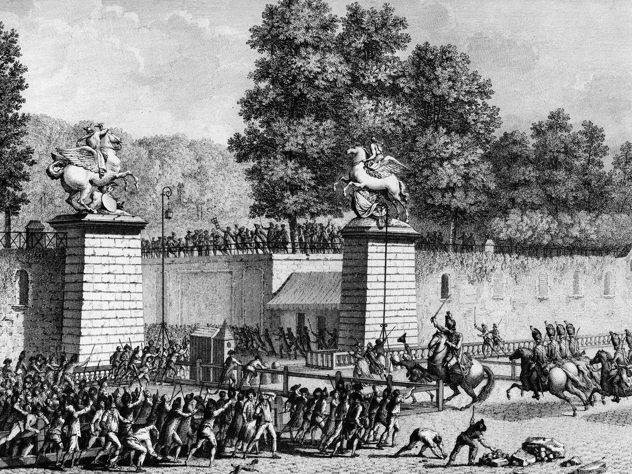 Erste der Französischen Revolution: Monsieur Charles Eugene de Lorraine, Prinz von Lambesc (1754-1825), betritt am 12. Juli 1789 mit einem Detachement der Royal German die Tuilerien, um die ersten Revolutionäre zu unterdrücken. Paris, Bibliothek des Instit von School French