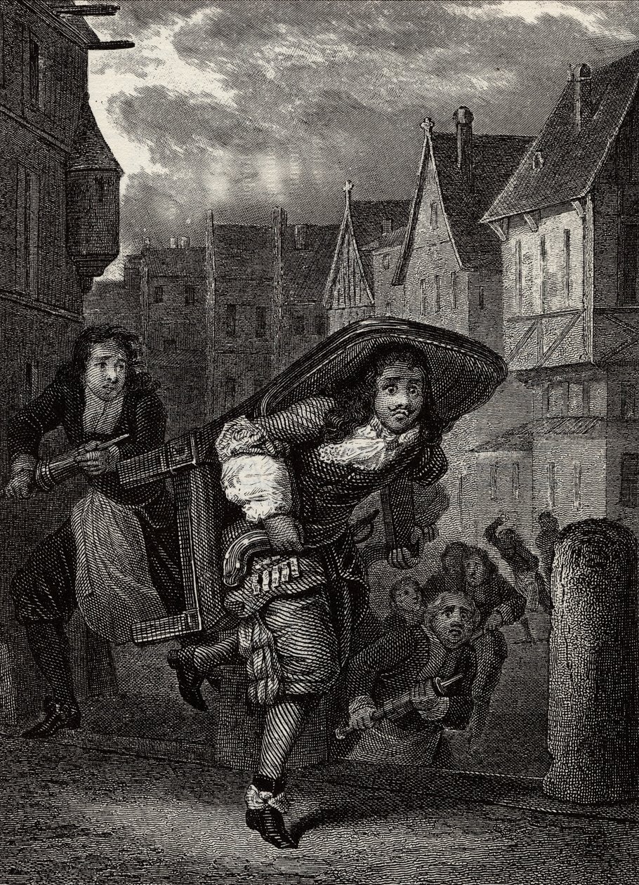 „Monsieur de Pourceaugnac“ - Gravur aus „Werke“ des englischen Autors Molière - Szene aus dem Theaterstück „Monsieur de Pourceaugnac“ von Jean-Baptiste Poquelin genannt Molière von School French
