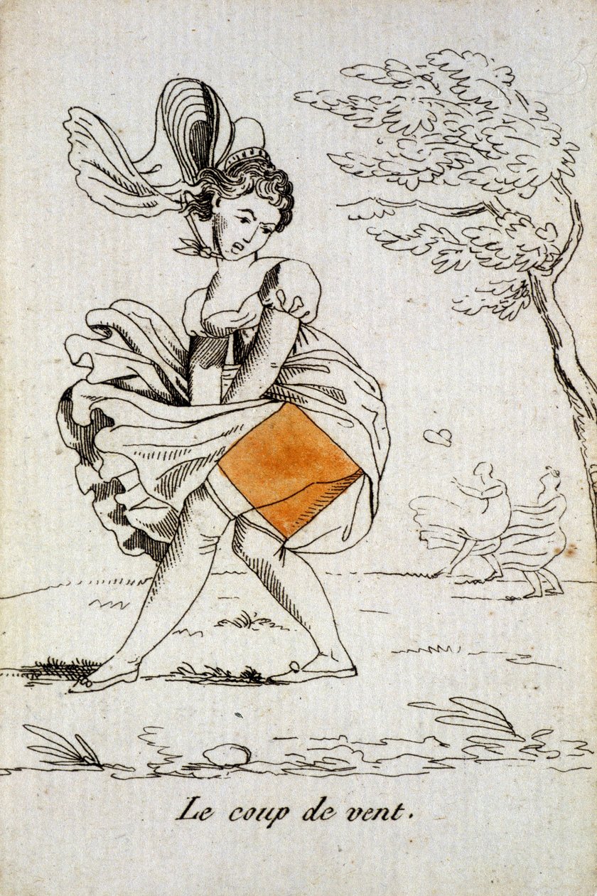 Alte Spielkarte: Ass der Karo - „Der Windstoß“ hebt den Rock einer Frau. Musée de la Carte à Jouer, Issy-les-Moulineaux von School French