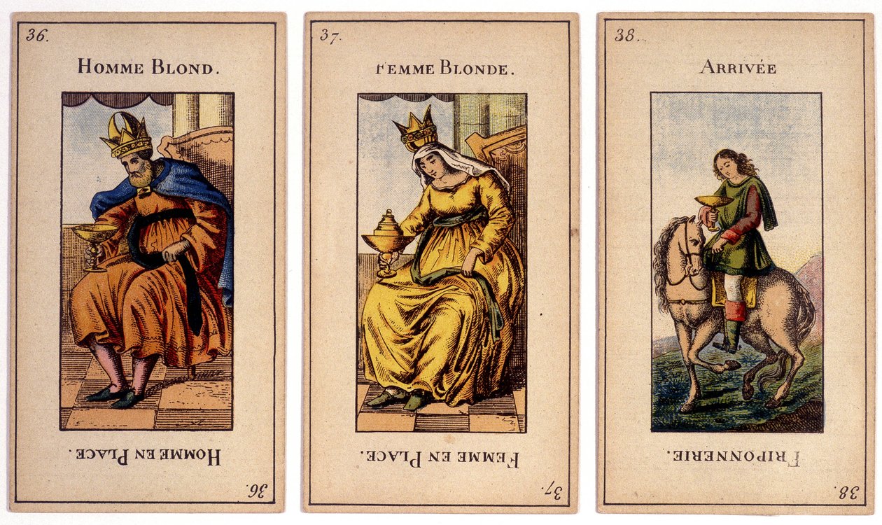 Alte Spielkarten, die den König „blonder Mann“, die Königin „blonde Frau“ und die Ankunft „friponnerie“ darstellen. Musée de la Carte à Joulier, Issy-les-Moulineaux von School French