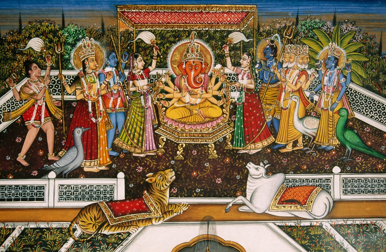 Lord Ganesh mit Brahma, Vishnu, Shiva, Durga, Miniaturmalerei auf Papier von School Indian