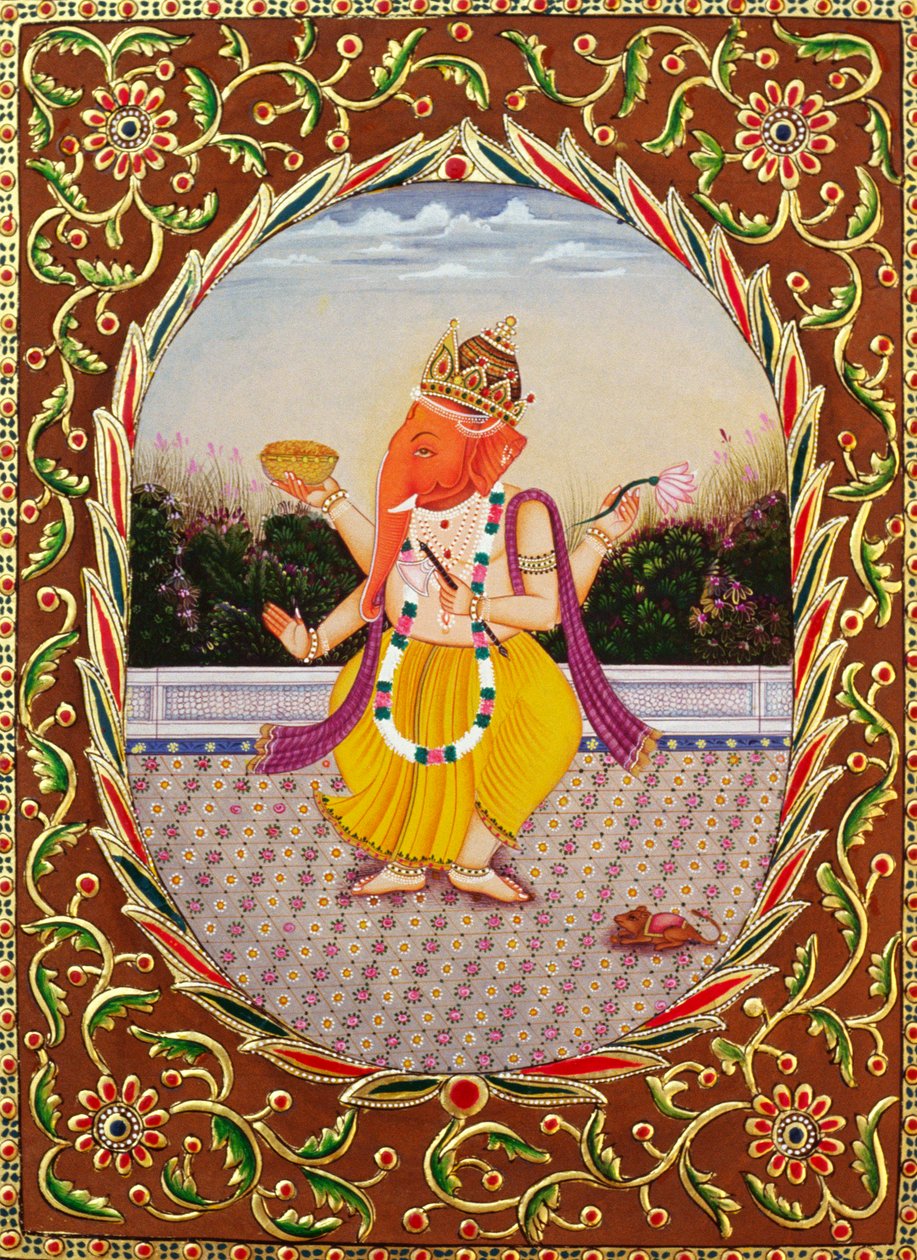 Herr Ganesha Ganpati Miniaturmalerei auf Papier mit Stickerei von School Indian