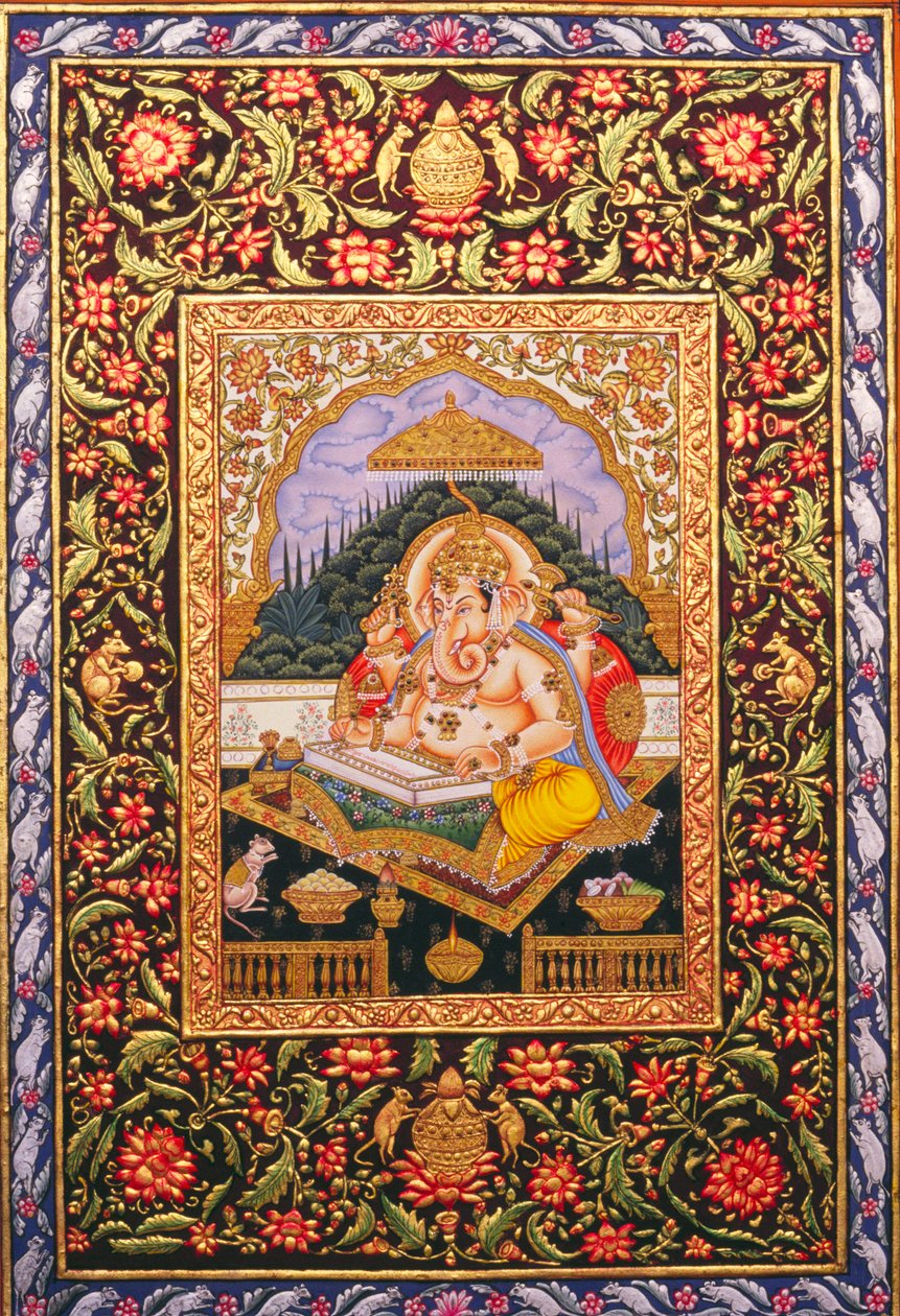 Lord Ganesha Ganpati Miniaturmalerei auf Papier mit Goldprägung von School Indian