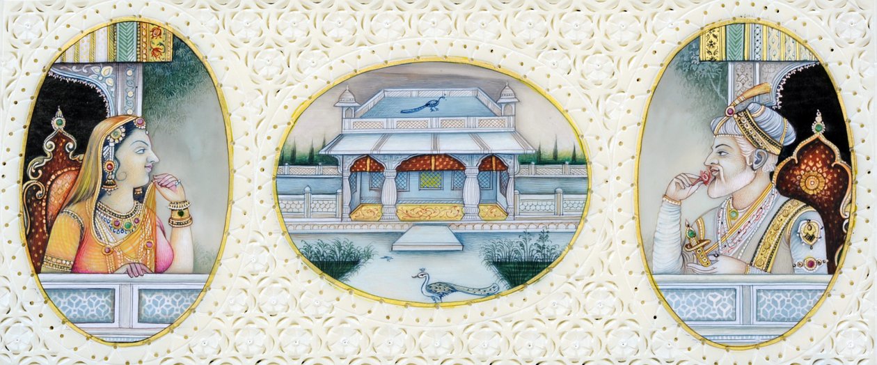 Miniaturmalerei von Mogulkaiser Aurangzeb mit Ehefrau Mehrunnisa von School Indian