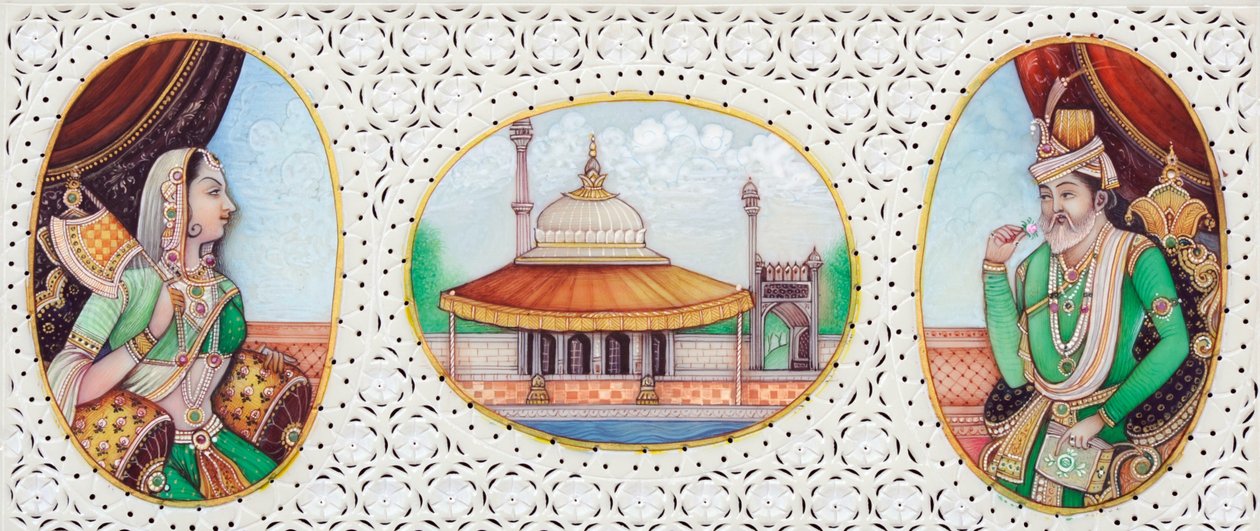 Miniaturmalerei des Mogulkaisers Humayun mit Ehefrau Jhanvi von School Indian