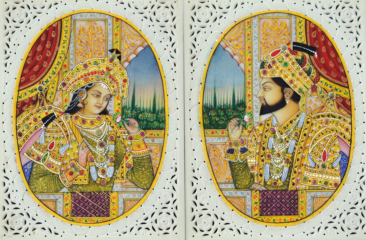 Miniaturmalerei von Shah Jahan mit Frau Mumtaj Mahal Indien Asien von School Indian