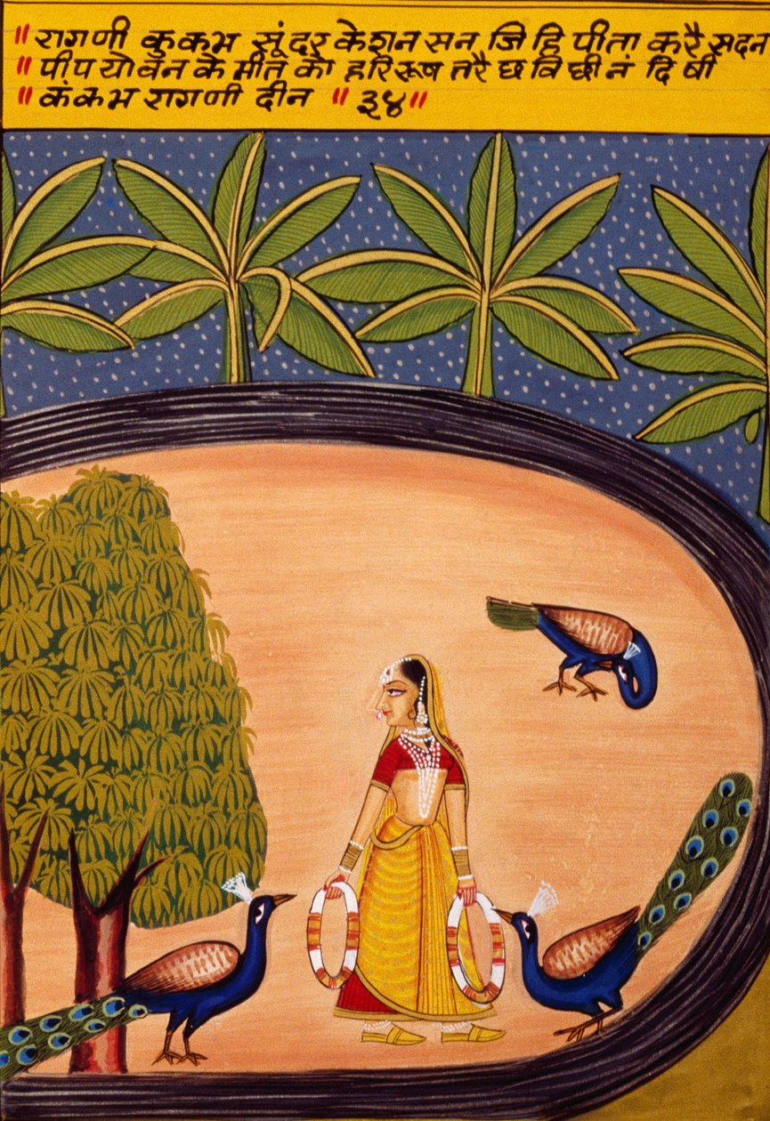 Miniaturmalerei auf Papier, Ragini Kukumb, Nathdwara-Schule von School Indian
