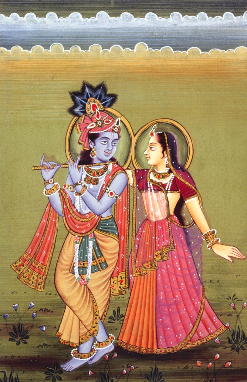 Gemälde von Gott Krishna und ihrer größten Verehrerin Radha, Indien von School Indian