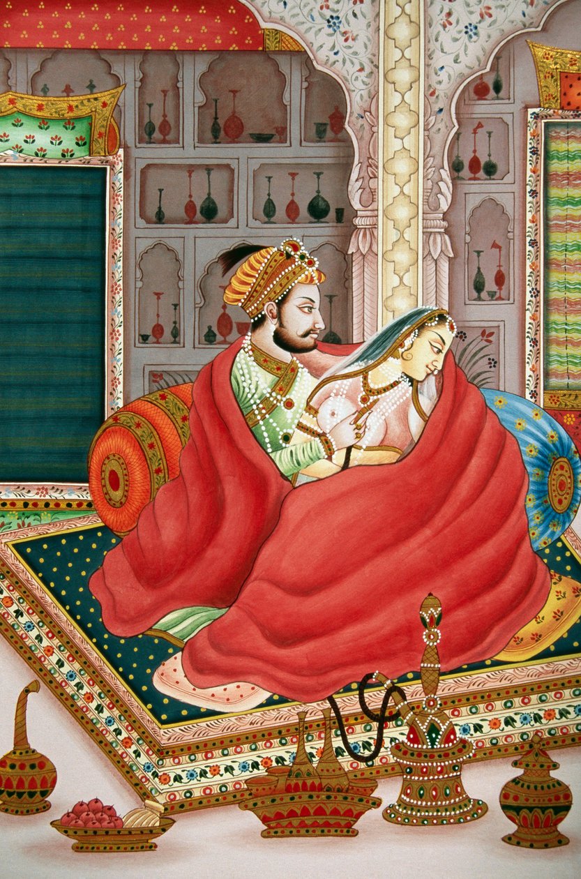 Gemälde des Mogulkaisers mit seiner Frau in Liebesszene, Indien von School Indian