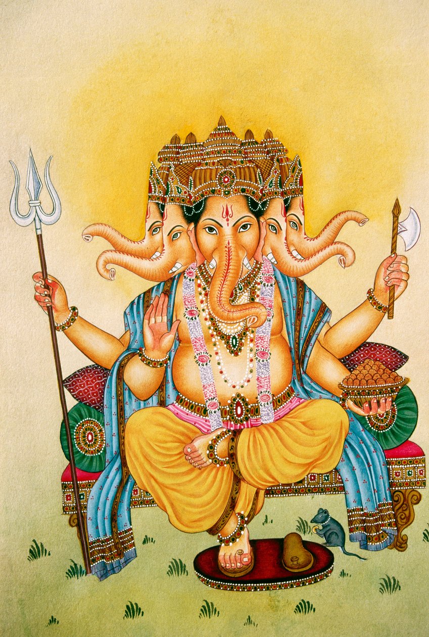 Panchmukhi Lord Ganesh Ganpati Miniaturmalerei auf Papier von School Indian