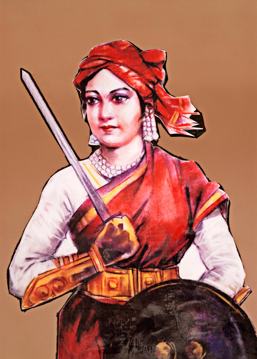 Porträt von Rani Laxmibai Königin von Jhansi, große Freiheitskämpferin des ersten Unabhängigkeitskrieges Indiens 1857-58 (Farblithografie) von School Indian