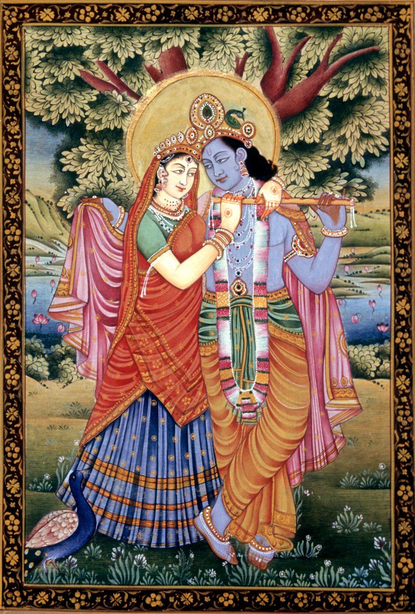 Radha und Krishna Liebesszene Miniaturmalerei auf Papier von School Indian