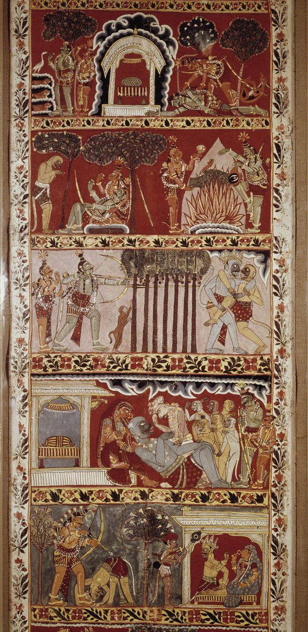 Szenen aus dem Ramayana, einem im 6. Jahrhundert von Valmiki verfassten Epos, das die Legende von Rama erzählt. Westbengalen. Victoria & Albert Library. London von School Indian