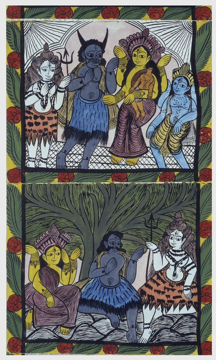 Shiva gibt Ganesha (Ganesh oder Ganapati) das Leben, in den Armen ihrer Mutter Parvati, nachdem er ihr in einem Wutanfall den Kopf abgeschlagen hatte. Pat: bemalte Rolle aus der Region Bengalen, die als Erzählmedium für Baoul-Musiker (oder Baul) dient. Leo von School Indian