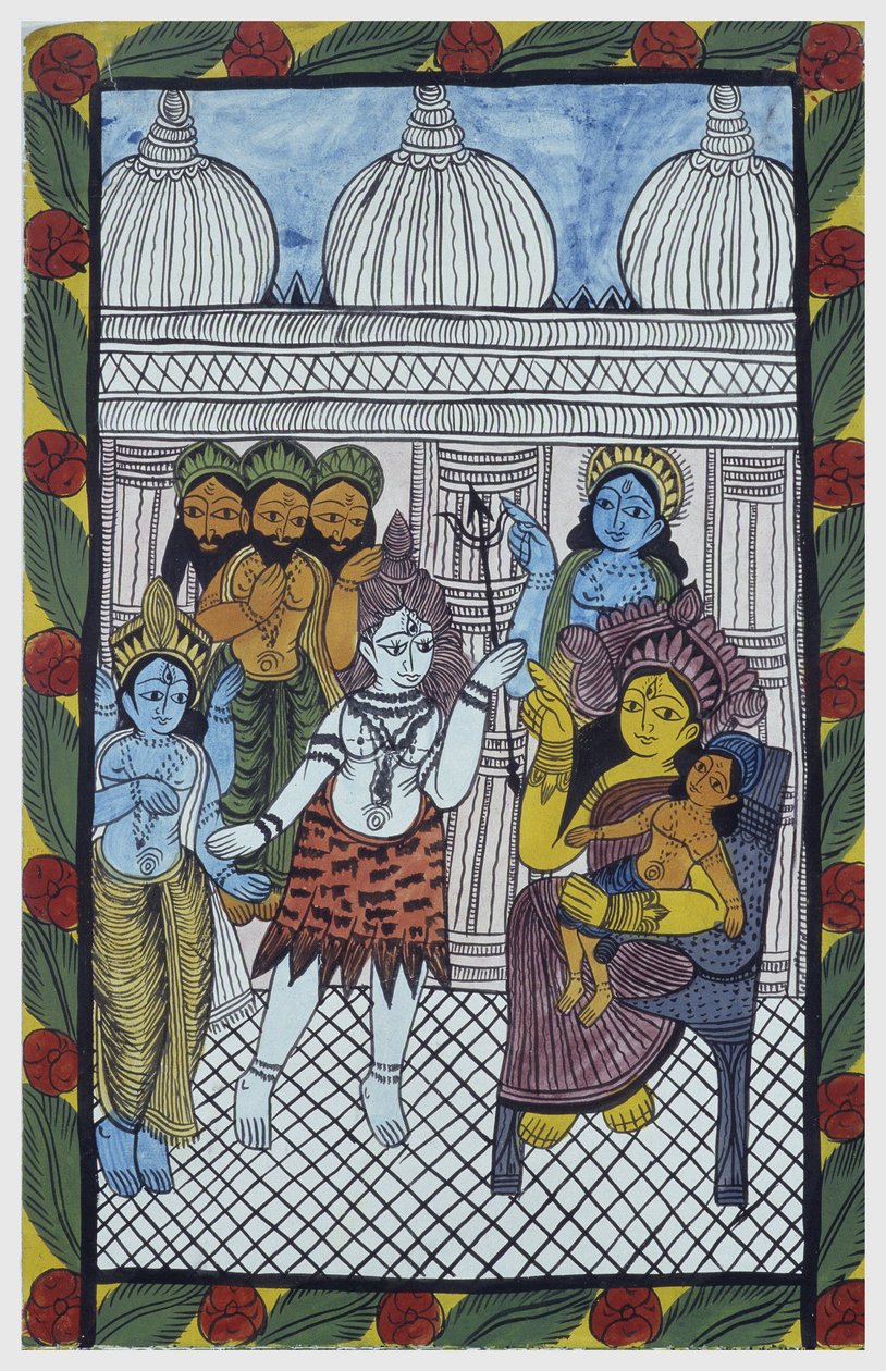 Die Götter kommen, um Krishna zu bewundern, verkörpert im Körper eines schönen Kindes, Ganesha (Ganesh oder Ganapati) sitzt auf den Knien seiner Mutter Parvati. Pat: bemalte Rolle aus der Region Bengalen, dient als Erzählmedium für Sänger Baoul (Baul). Leo von School Indian