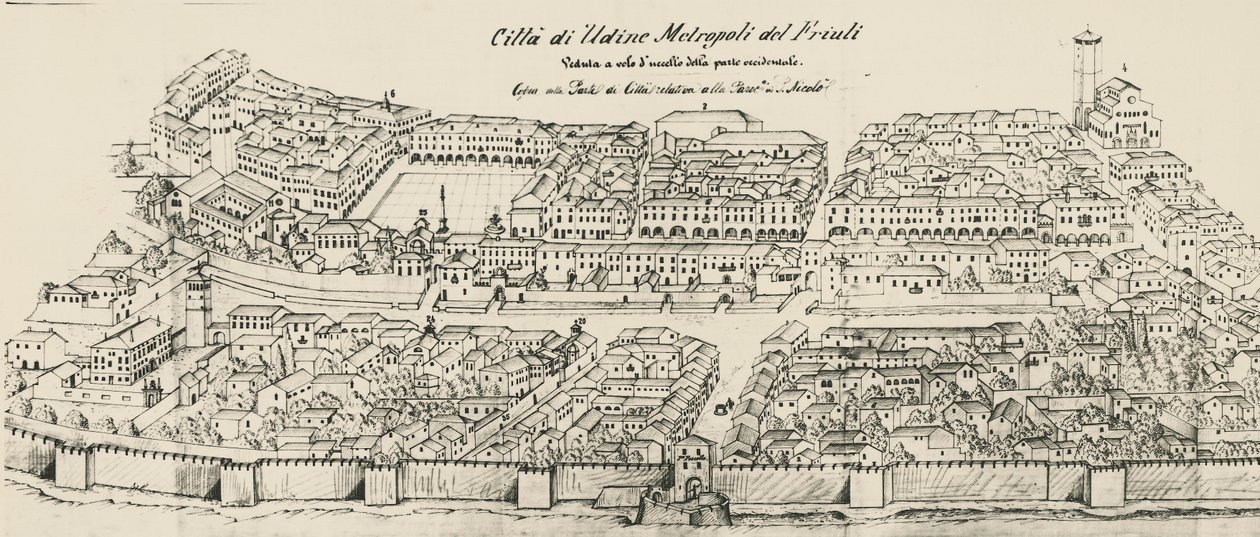 Vogelperspektive des westlichen Teils der Stadt Udine, Gravur, Italien von School Italian