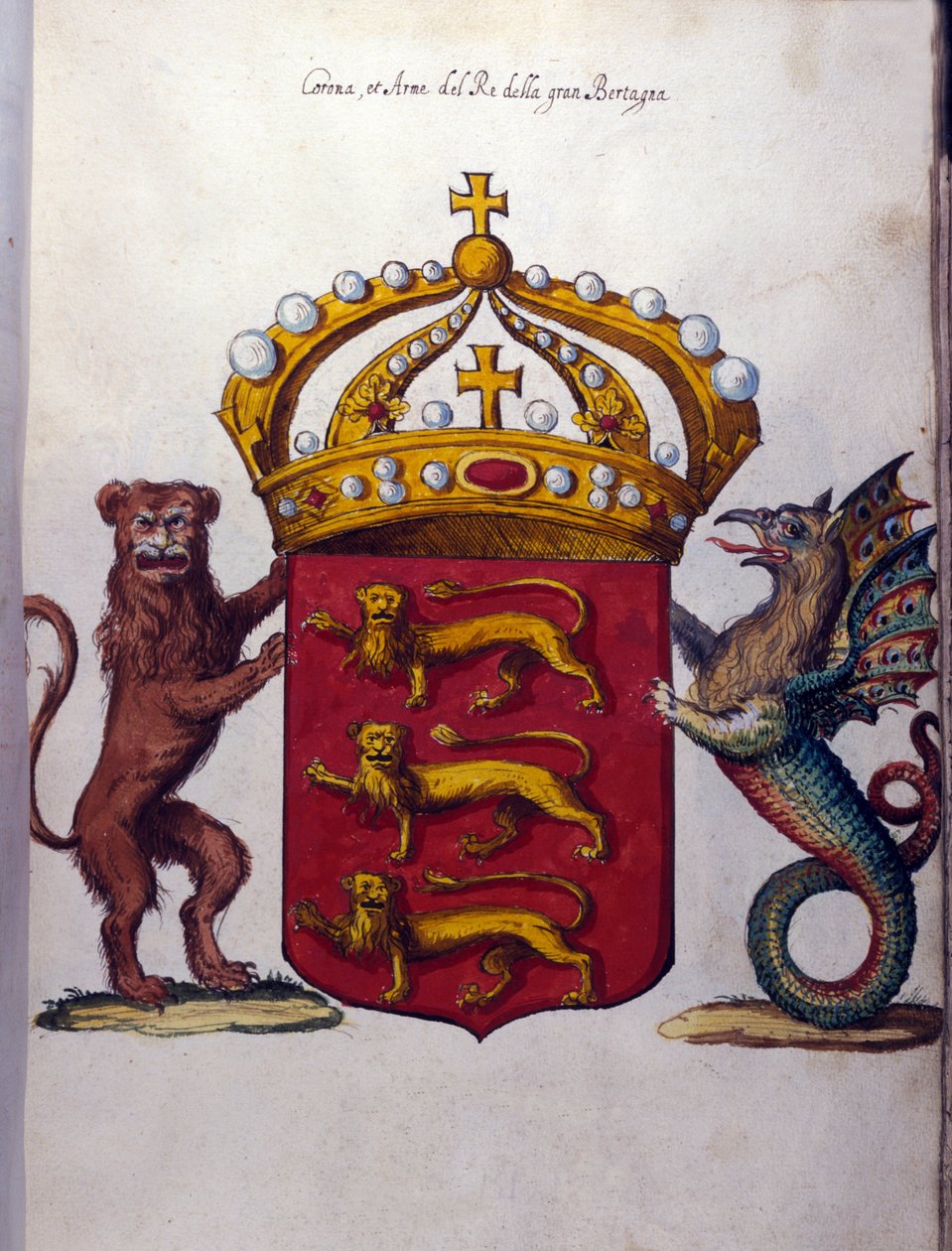 Wappen der britischen Königsfamilie schmückt eine Krone, einen Löwen und eine fantastische Kreatur. Staatsarchiv, Mailand von School Italian