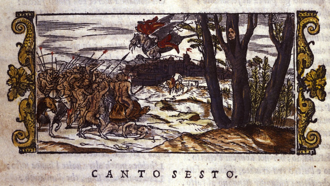 Ruggiero wird vom Hippogreif zur Insel Alcina getragen, wo er von einer Armee von Monstern angegriffen wird, Szene aus „Orlando Furioso“ von Ludovico Ariosto (1474-1533) von School Italian