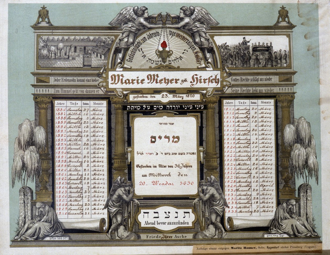 Gedenkkalender für zukünftige Bestattungsdienste eines verstorbenen nahen Verwandten. Jahrzeit-Gemälde. Jüdisches Museum Basel, Schweiz. von School Jewish