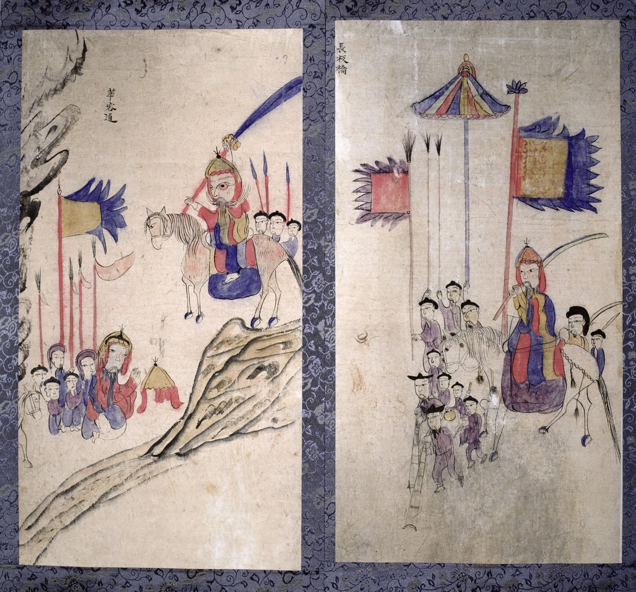 Ein Panel von einem achtteiligen Bildschirm, das eine Geschichte der drei Königreiche darstellt von School Korean