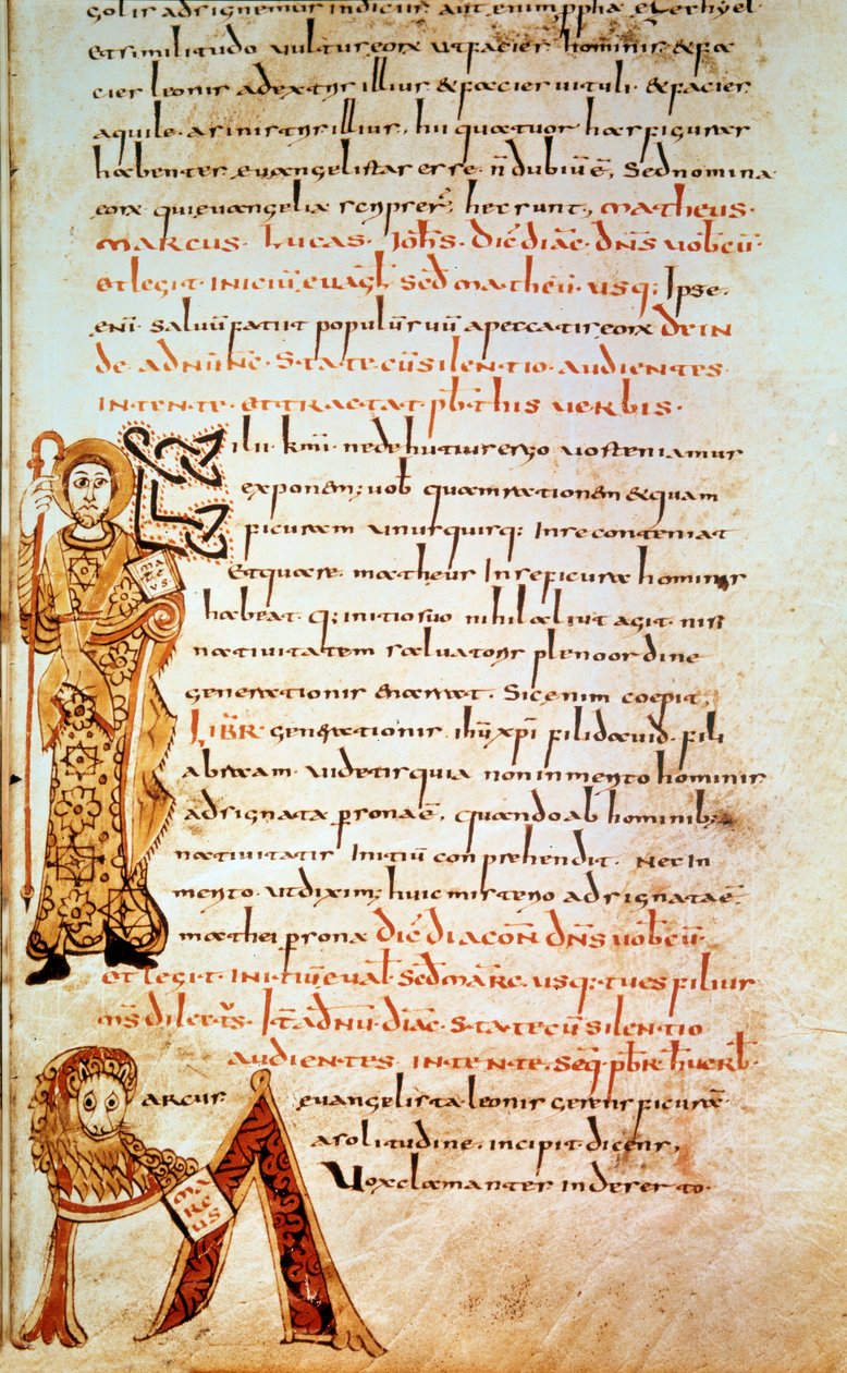 Heiliger Matthäus; Buchstabe M (Kopf des Löwen von St. Markus). Seite im Sakramentar von Gellone, Folio 42. Illuminierte von David, ca. 790, Frankreich, Meaux oder Cambrai. BN, Paris von School Merovingian